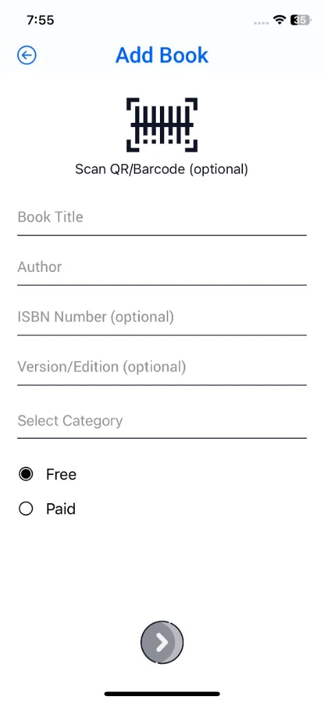 LetsRead Add Book screen with barcode scan, title, author, category, and free or paid options