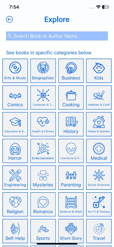 LetsRead Explore screen with a grid of book categories