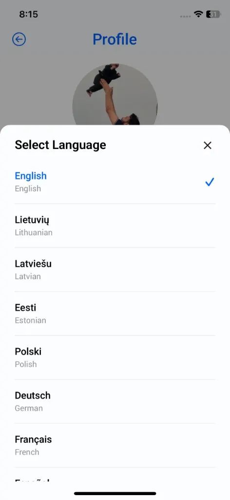 Select Language sheet with English selected and Lithuanian, Latvian, Estonian listed