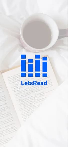 LetsRead splash screen with brand mark over a book and coffee